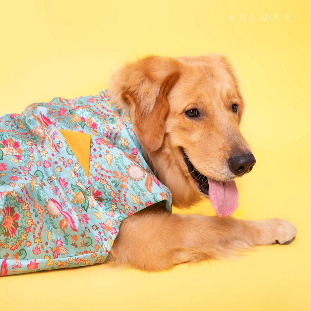 Indo Blue Floral Sleeveless Jacket With Pocket Square For Dogs