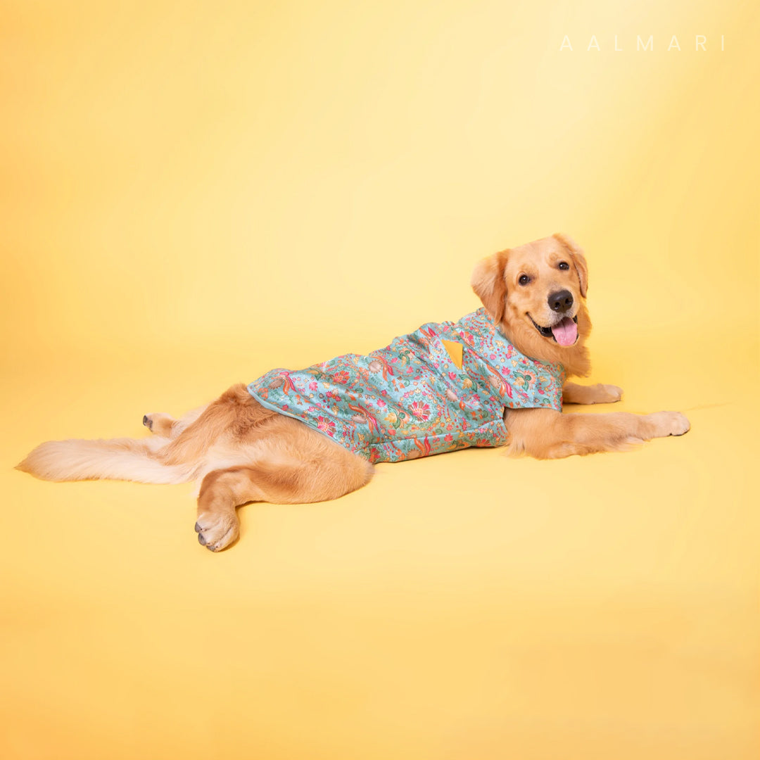 Indo Blue Floral Sleeveless Jacket With Pocket Square For Dogs