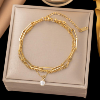 Pearl Charm Bracelet with Dual Chain